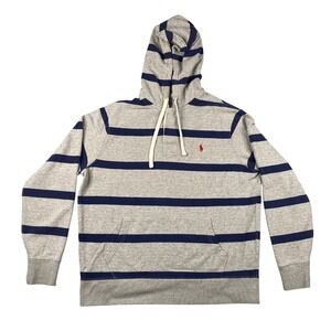 Vintage Ralph Lauren Polo Rugby Striped Hooded Sweatshirt Size L Blue Gray